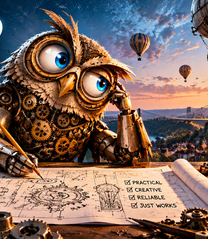 A brass clockwork owl designing useful inventions in its workshop